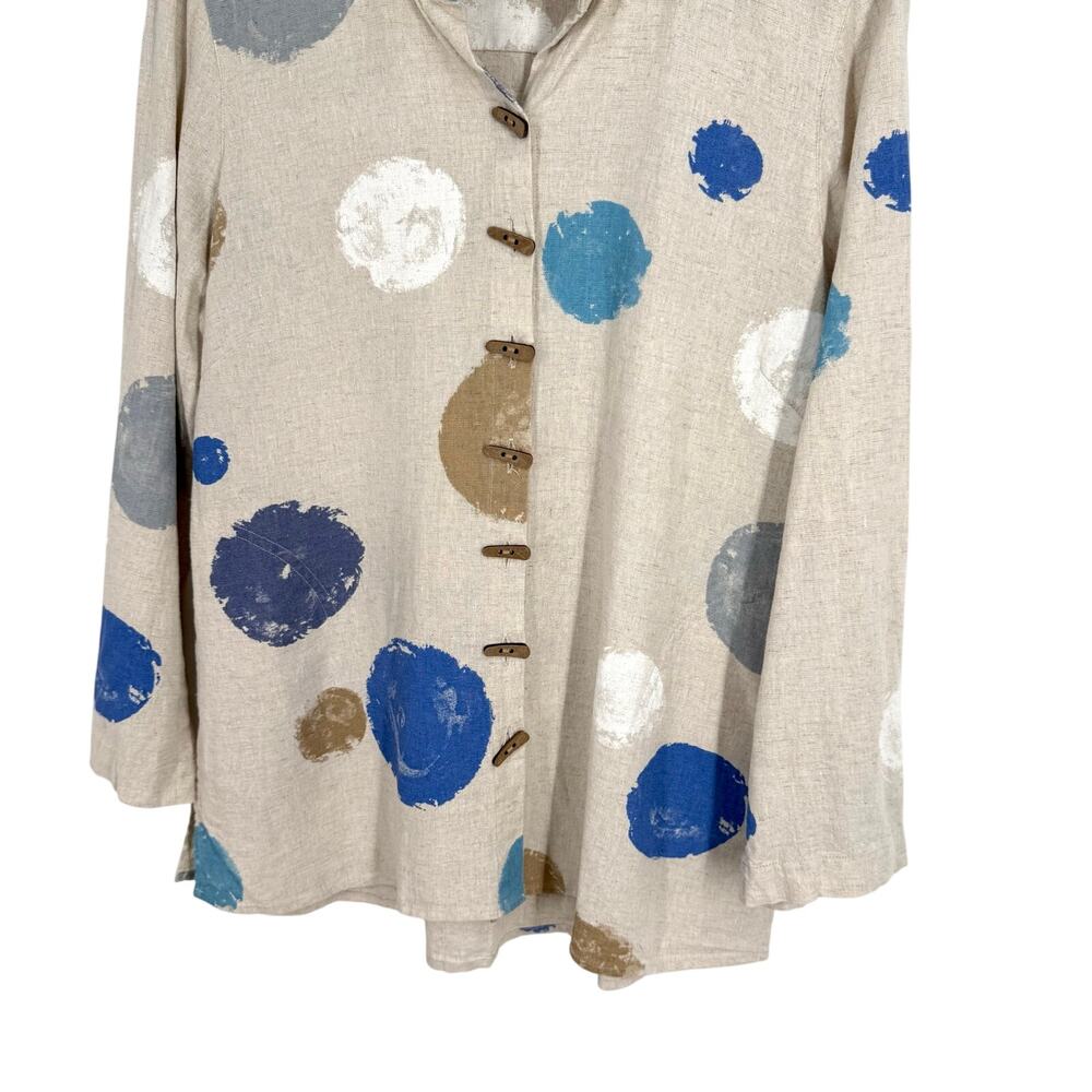 Ali Miles Sz Medium LINEN BLEND Blue Beige Wearable Art Beach Blouse Shirt Top - Picture 8 of 13